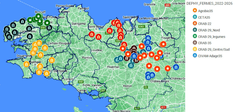 Carte de la Bretagne avec groupes DEPHY